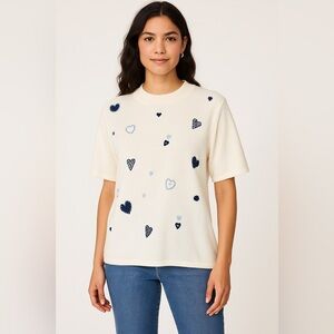 Teddi Woman Ivory Sweater with Blue Heart Embroidery – Size 2X